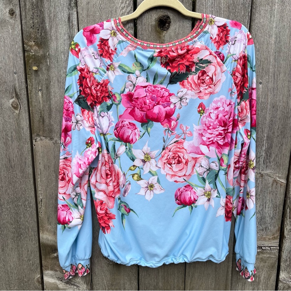 Johnny Was Light Blue Long Sleeve Top with Pink Floral Print - Picture 2 of 6